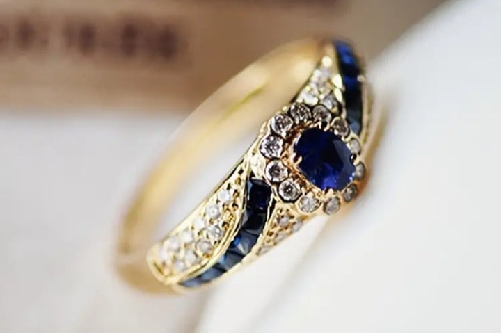 1pc Elegant 18K  Ring, Blue Sapphire and Imitation Zirconia Accents, Unisex Fashion Jewelry for Daily Wear size 8