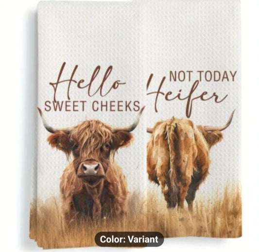 2pcs Super Soft Highland Cow Kitchen Towels Set, 18x26 Inch, Woven Polyester, Machine Washable, Contemporary Style, Farmhouse Decorative Hand Tea Towels for Cow Lovers